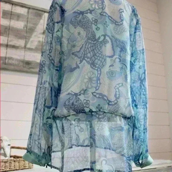 J.McLaughlin Sheer Paisley Tunic Style Top Drawstring Waist Size 8 - Picture 9 of 16